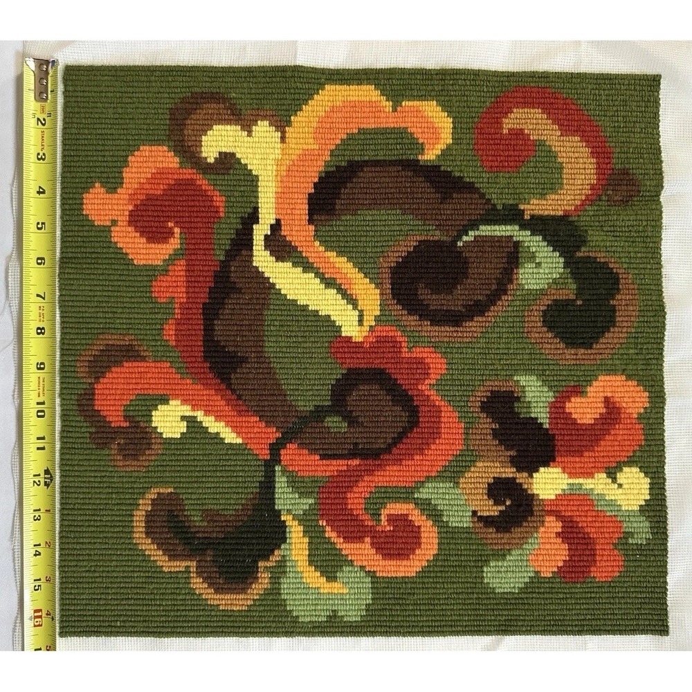 Vtg Norwegian Rosemaling Style Needlepoint Folk Art MCM Akle Textile Panel (K)